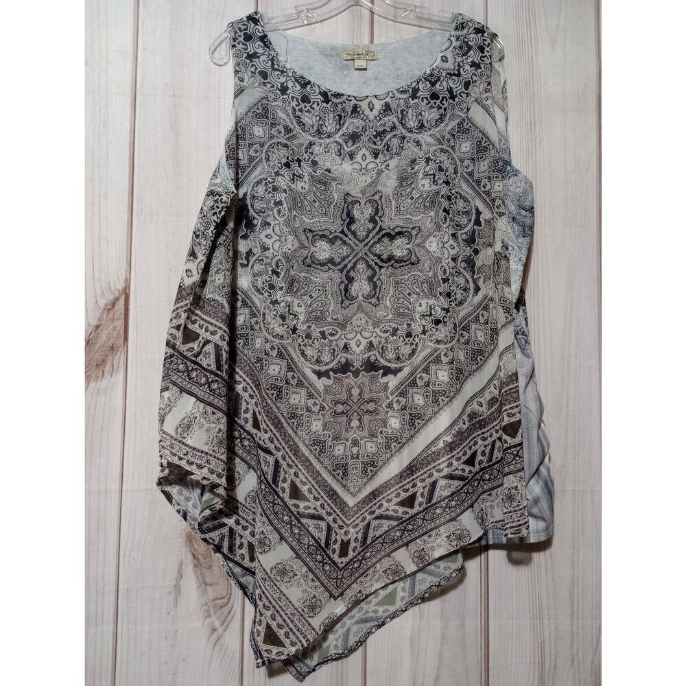One World Womens 2X Grey Paisley Handkerchief‎ Hem Layered Sleeveless Blouse Top